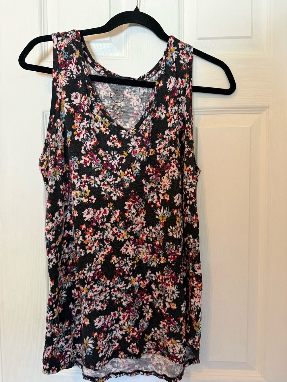 Maurices Black Floral V-Neck Tank Top with Pink and White Accents